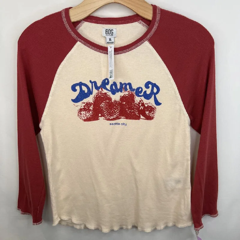 Size 14: Urban Outfitters Cream Dusky Pink w/"Dreamer" Strawberries Long-Sleeve Raglan Shirt NEW Edgy Men's Punk