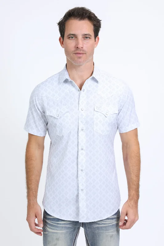 Mens Performance Western Short Sleeve Aztec Print White Shirt Athletic Men's High