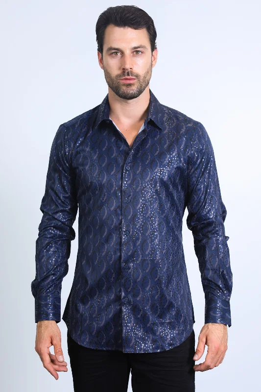 Mens Modern Fit Stretch Foil Fashion Navy Shirt Dapper Men's Bow