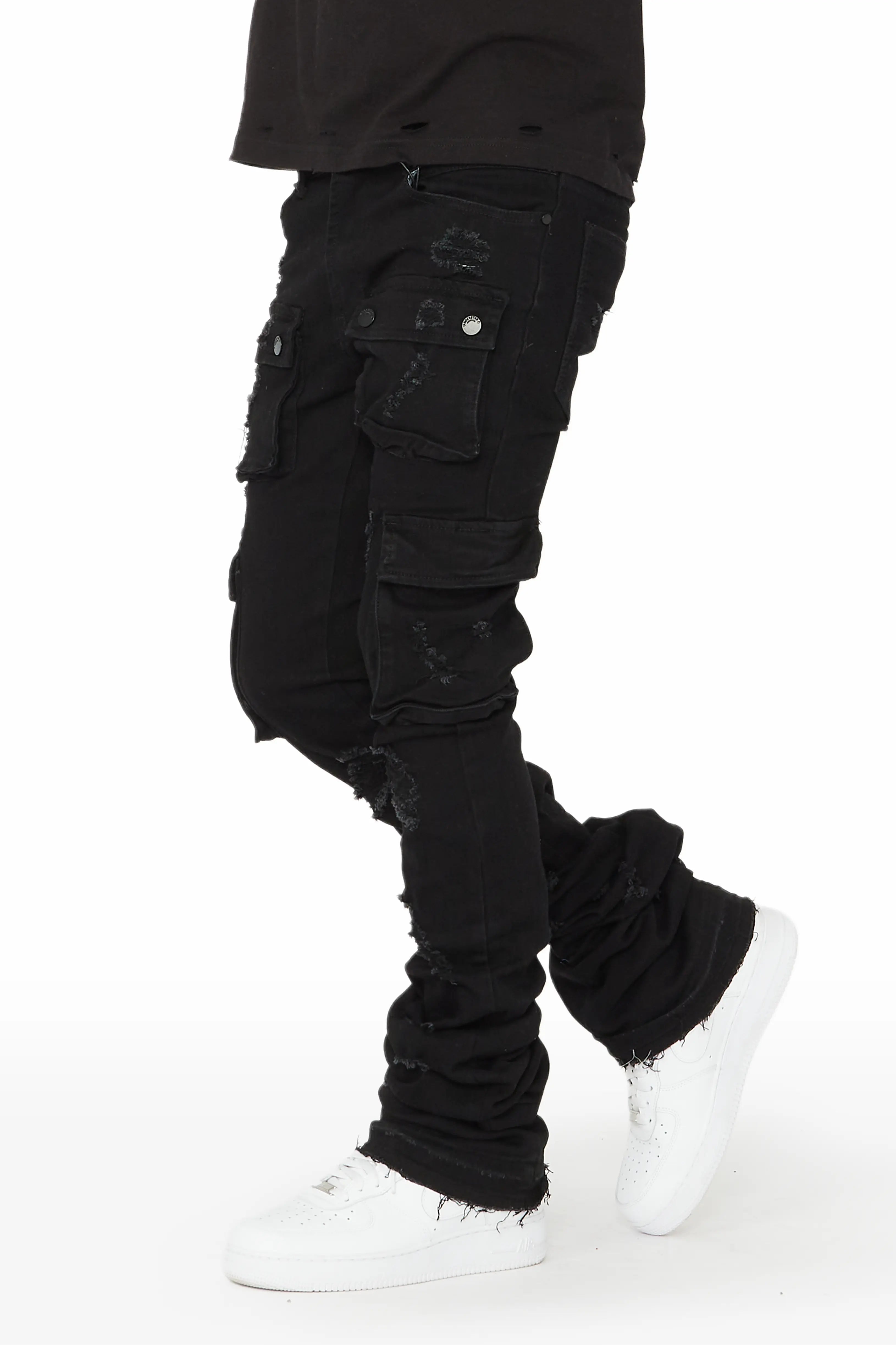 Zaire Black Cargo Super Stacked Flare Jean Youthful Men's Pop