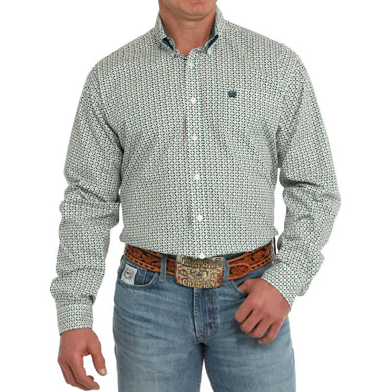 Cinch Men's White & Green Geo Print Long Sleeve Gym