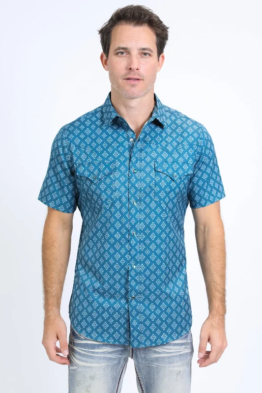 Mens Performance Western Short Sleeve Aztec Print Blue Shirt Hip Men's Urban