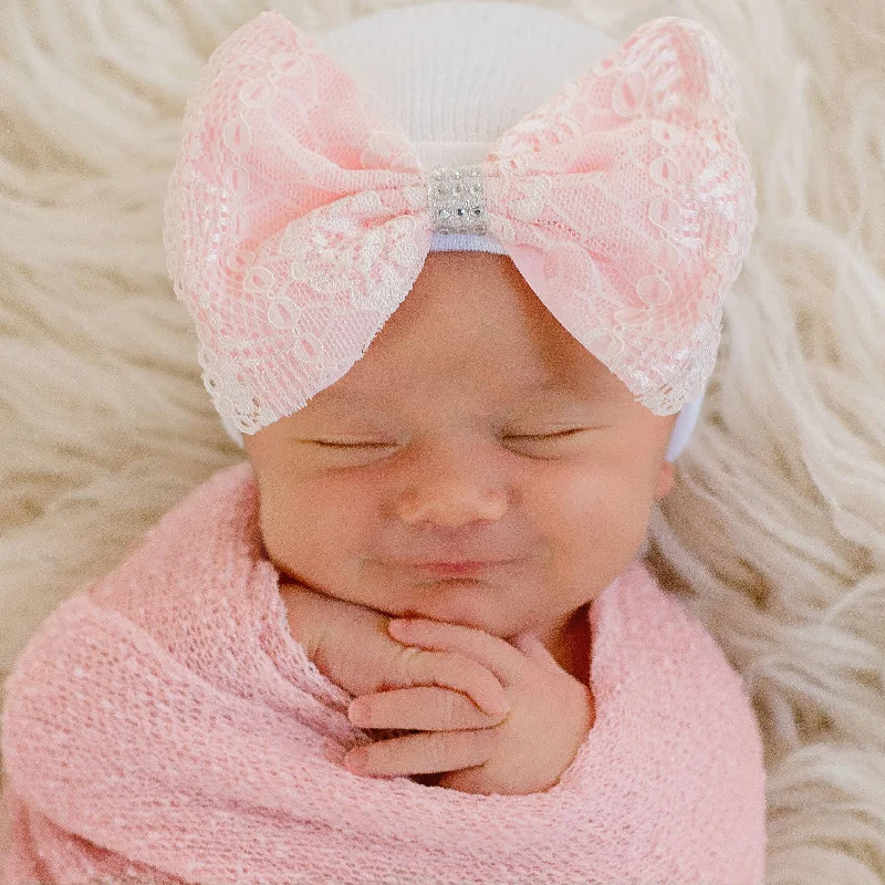 Pink Lace Bow With Silver Rhinestones White Hospital Hat Cool Men's Distressed