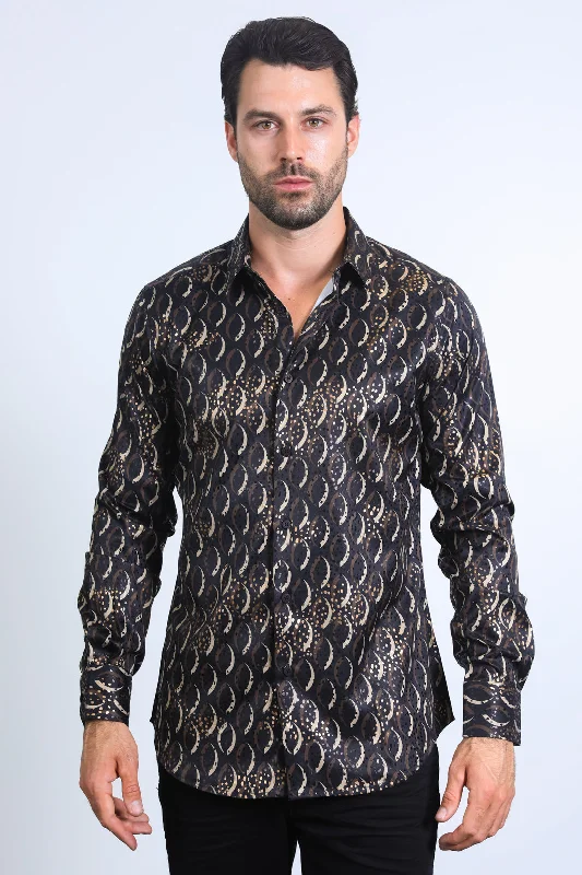 Mens Modern Fit Stretch Foil Fashion Black Shirt Practical Men's Quick