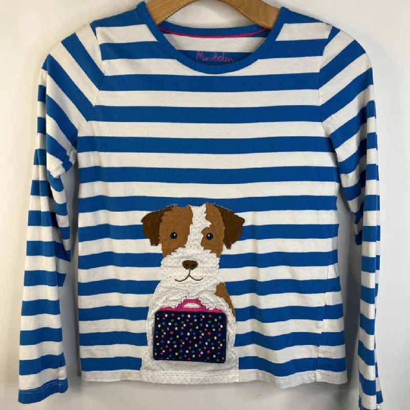 Size 11-12: Boden Blue/White Striped Brown/White Dog Embroidery Long Sleeve Shirt Refined Men's Hand