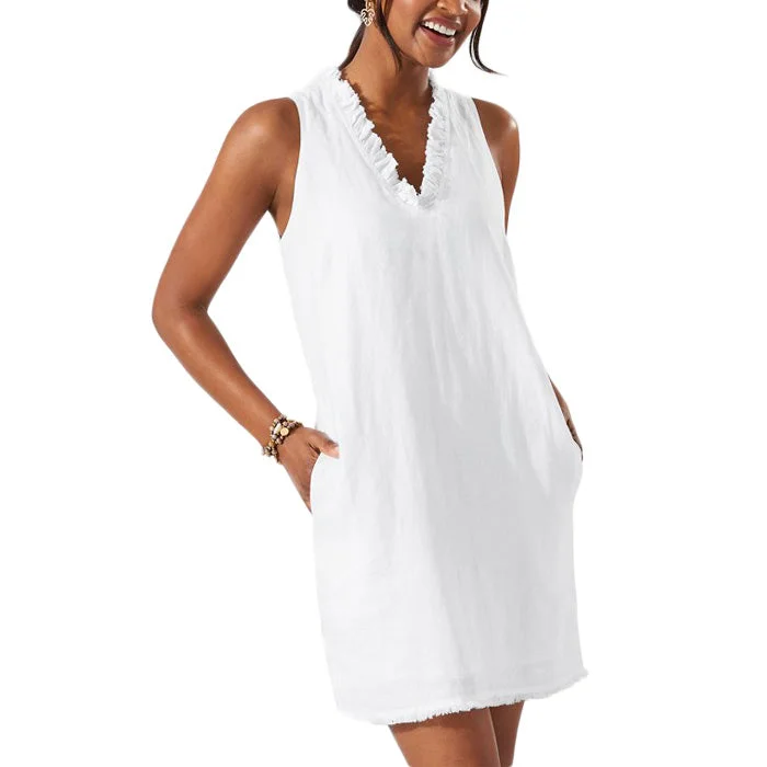 Tommy Bahama Women's Two Palms Ruffle Linen Shift Dress - White Tailored