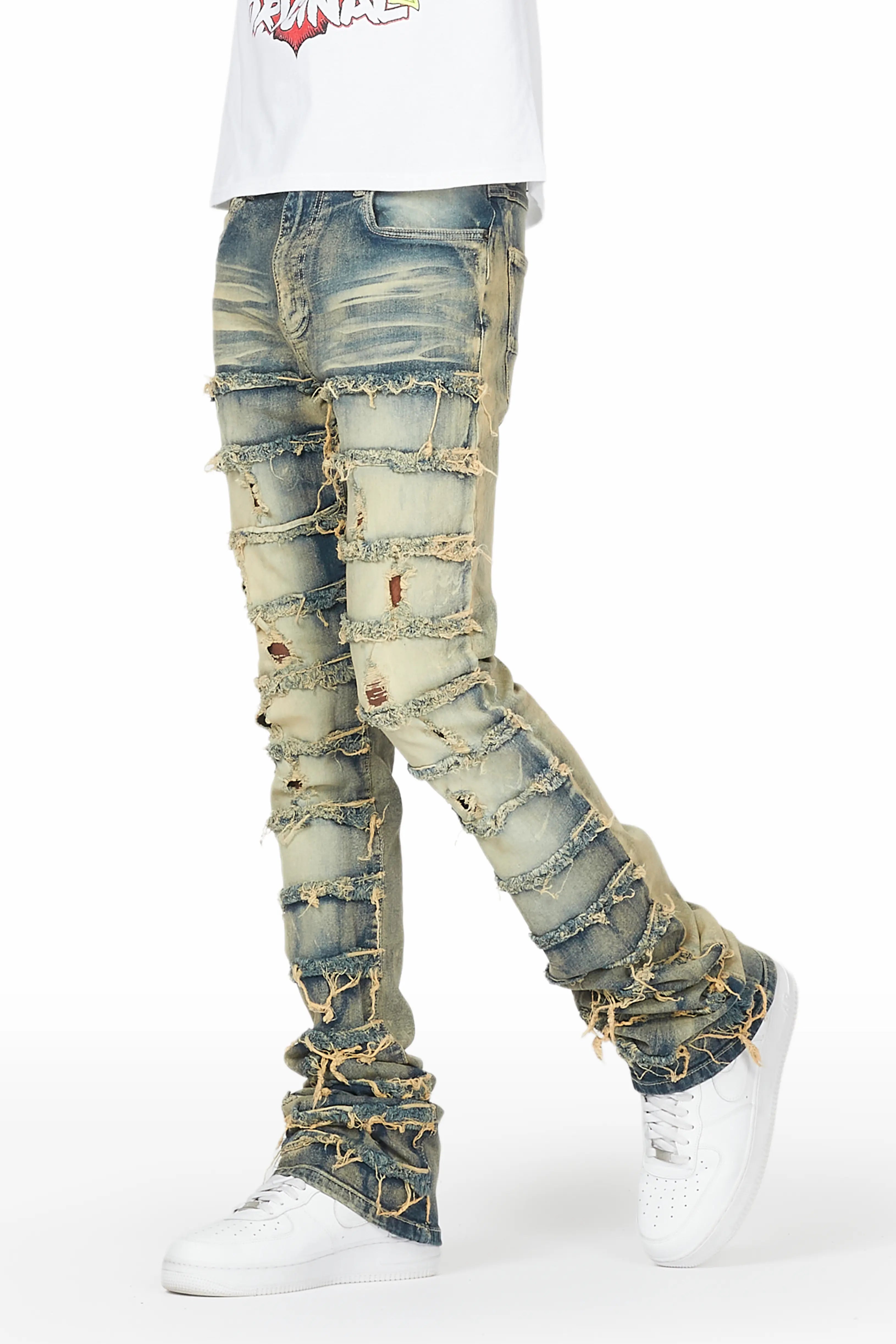 Waylon Rustic Blue Frayed Super Stacked Flare Jean Artistic Men's Hand