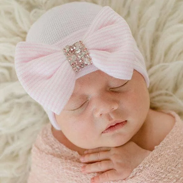 ilybean Pink Striped Crystal Bow Newborn Girl Hat Masculine Men's Thick