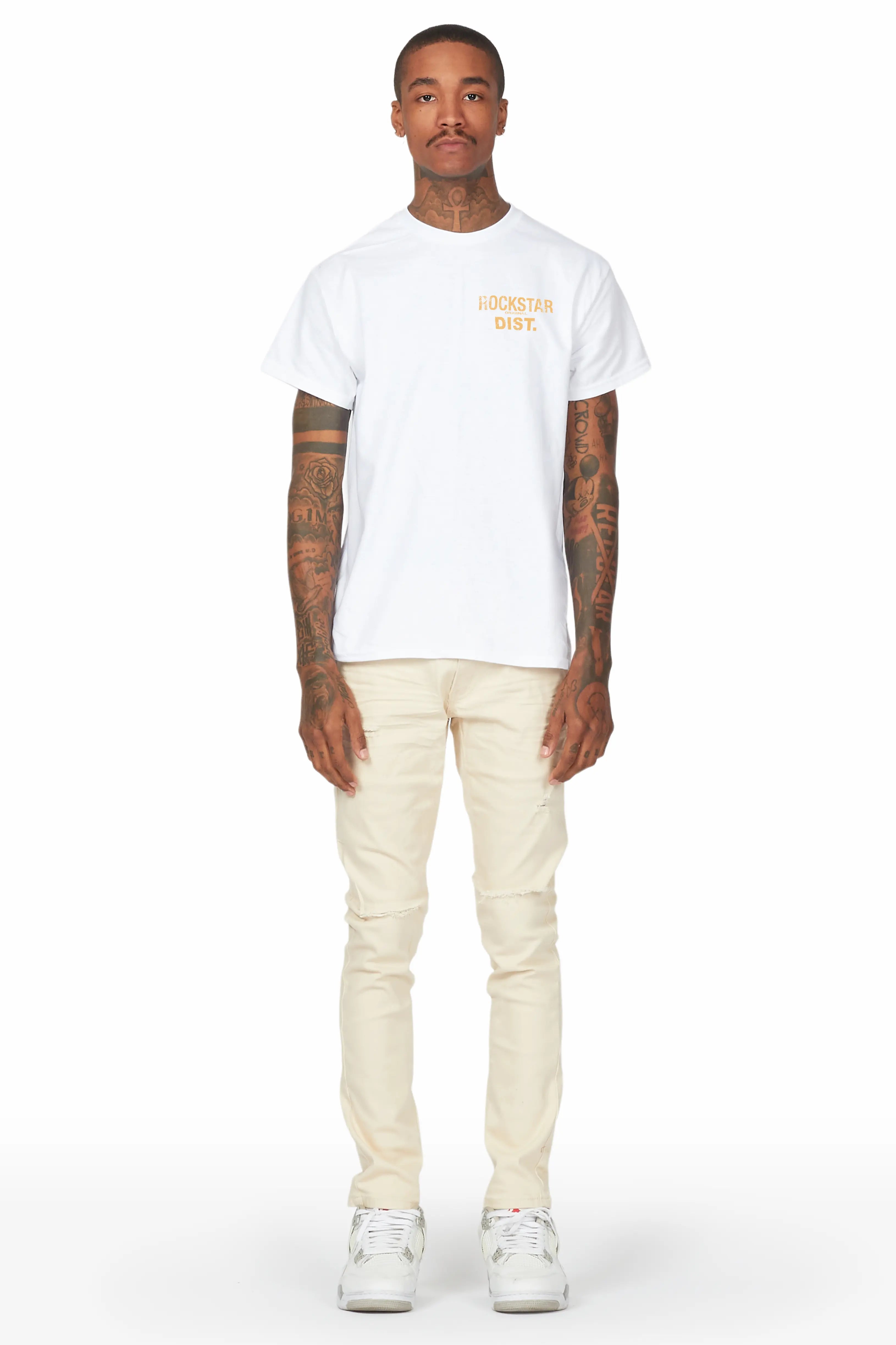 Lake White/Beige T-Shirt/Slim Fit Jean Bundle Youthful Men's Anime