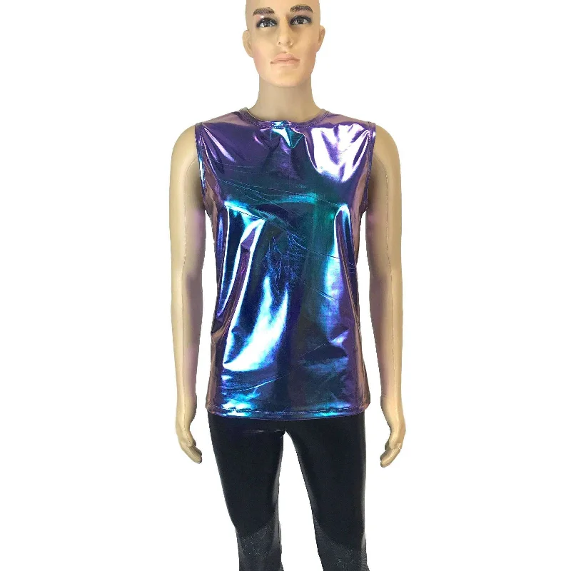 Men's Holographic Oil Slick Tank, Men's Holo Muscle Shirt Casual Men's Short